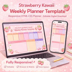 Può includere: Un laptop e uno smartphone mostrano un modello di pianificatore settimanale rosa e pastello con illustrazioni di fragole. Il testo "Strawberry Kawaii Weekly Planner Template" è visibile. Il pianificatore è descritto come "Responsive HTML CSS Planner - Editable Digital Download."