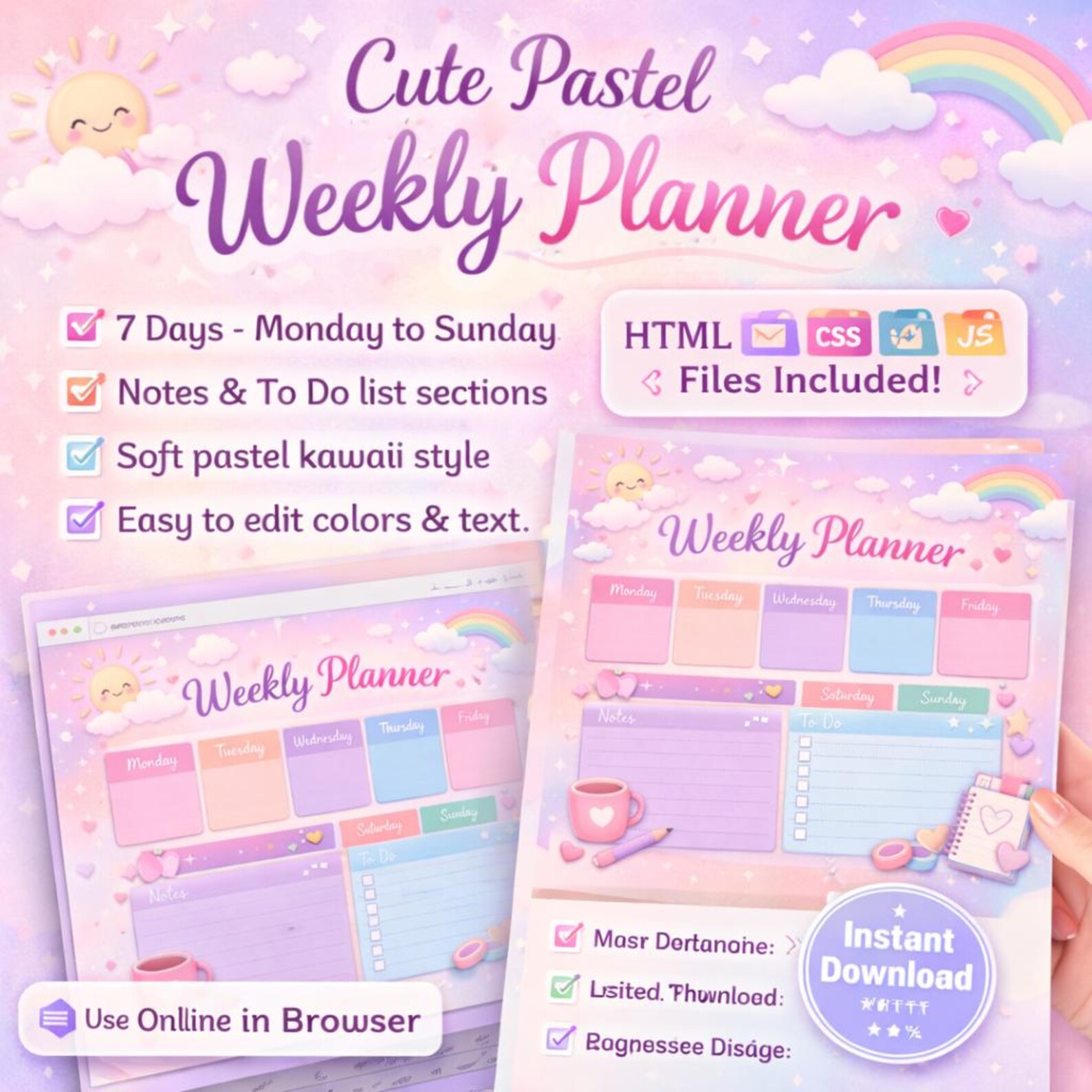 Cute Pastel Weekly Planner Template, Editable HTML CSS Planner ...