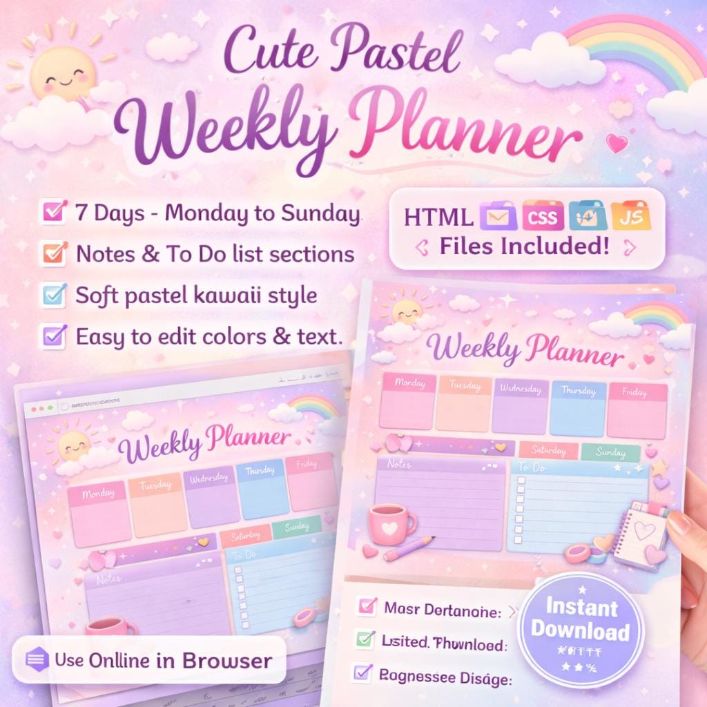 Cute Pastel Weekly Planner Template, Editable HTML CSS Planner ...