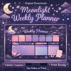 Può includere: Download digitale di un Moonlight Weekly Planner a tema celeste. Il design presenta una luna crescente, stelle e nuvole. Il planner include sezioni per ogni giorno della settimana, note ed elenchi di cose da fare. Il testo sull'immagine dice "Modello modificabile" e "Pronto per la stampa".