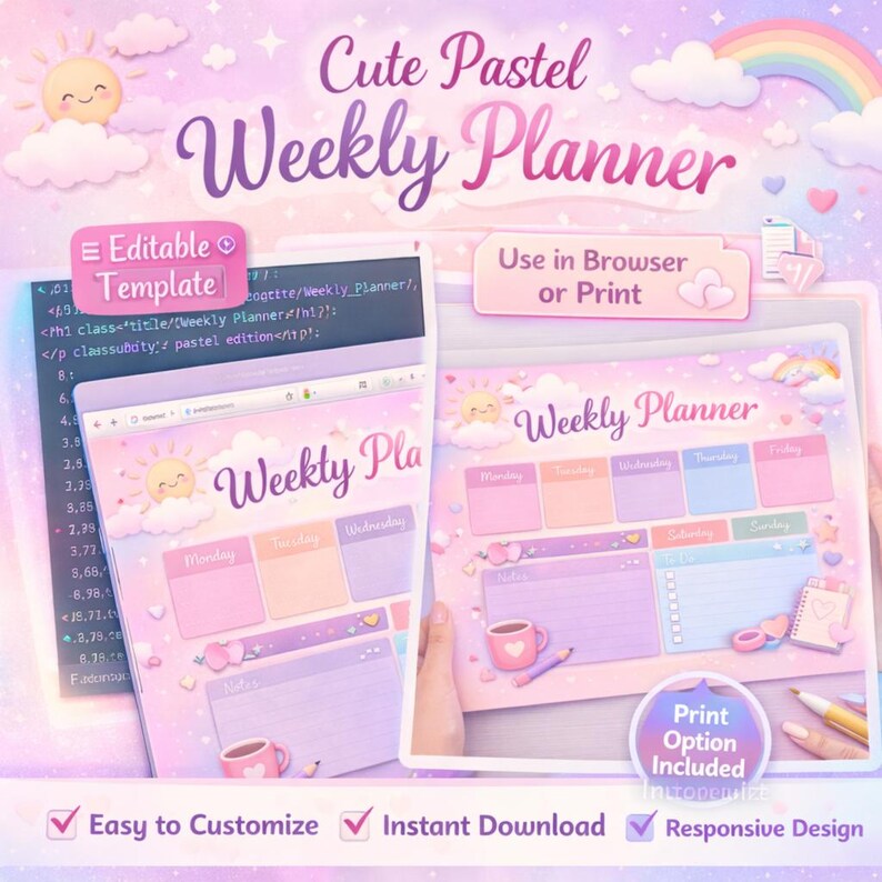 Cute Pastel Weekly Planner Template, Editable HTML CSS Planner ...