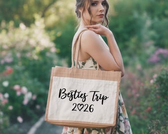 Custom Besties Trip Jute Bag, Personalized Vacation Bag