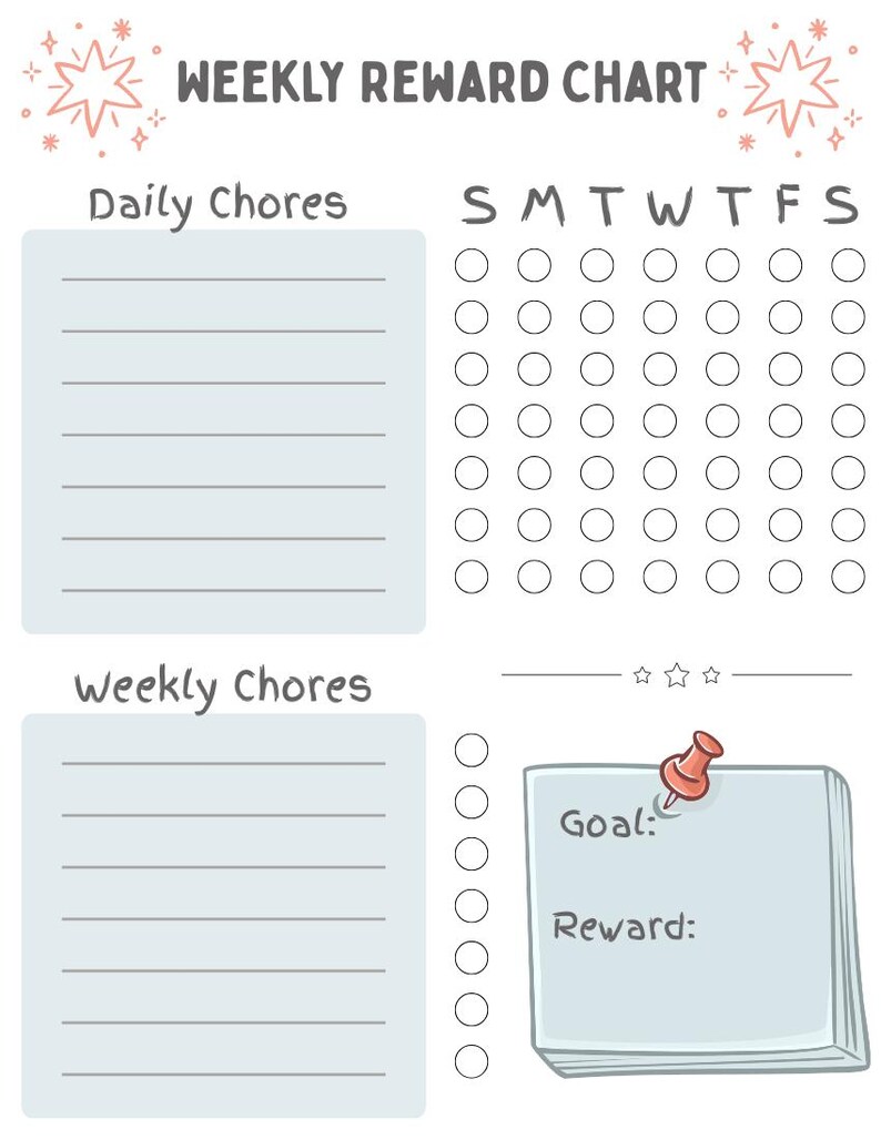 Printable Weekly Chore Chart for Kids With Reward Section | Pastel Blue ...