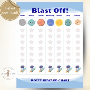 Tabla de entrenamiento para ir al baño con temática espacial, rastreador de recompensas con forma de cohete, PDF sobre el uso del inodoro para niños pequeños (descarga digital)