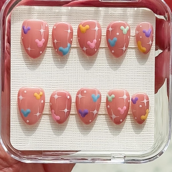 Uñas postizas con forma de cabeza de ratón que brillan en la oscuridad, color almendra pastel, juego personalizado.