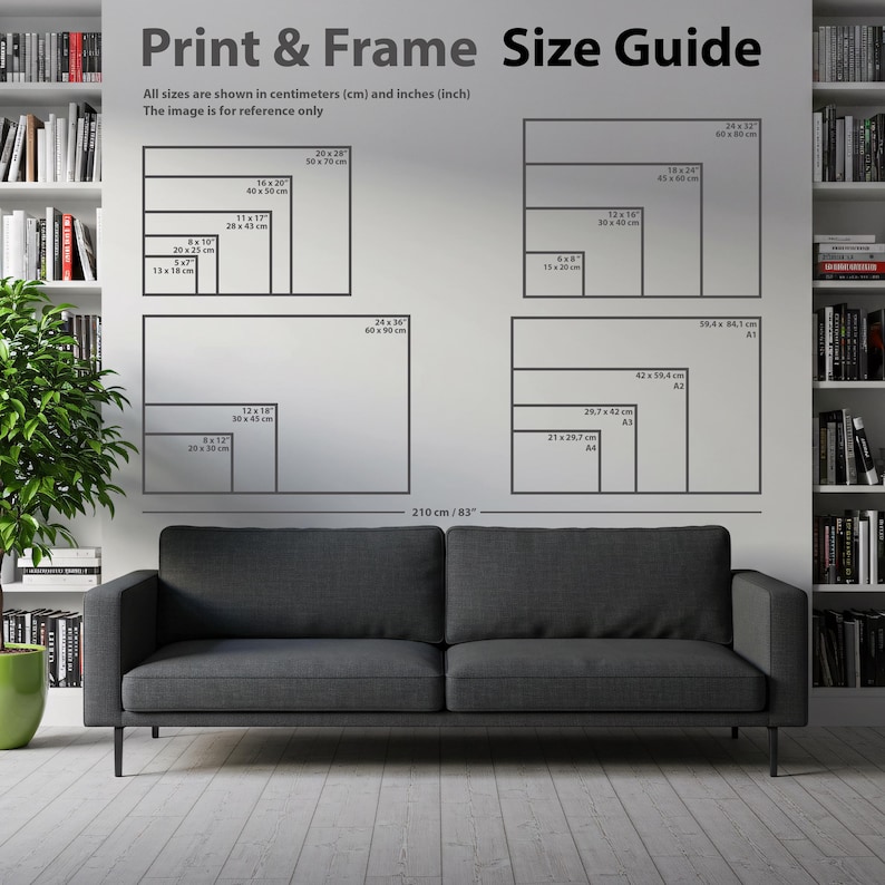 The image is a wall with a size guide for print and frame sizes, providing dimensions for various sizes ranging from 20x18 to 48x60 inches.