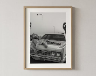 Leopard on Vintage Car: Framed Photography, Fashion Print, Framed Wall Art, Black and White Prints, Home Decor