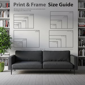 The image is a wall with a size guide for print and frame sizes, providing dimensions for various sizes ranging from 20x18 to 48x60 inches.