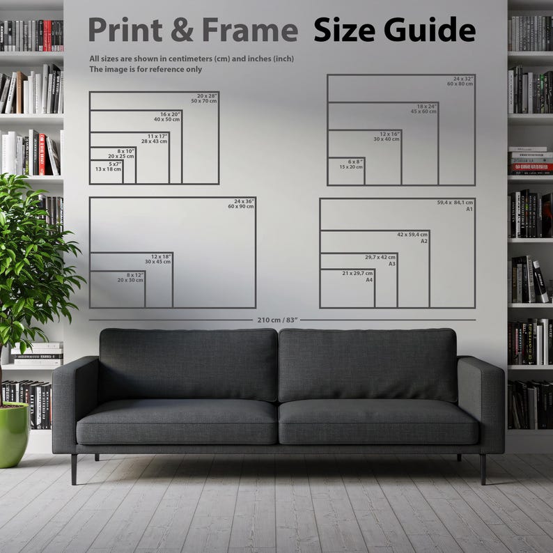 The image is a wall with a size guide for print and frame sizes, providing dimensions for various sizes ranging from 20x18 to 48x60 inches.