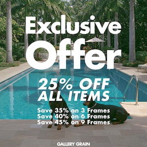 The image is an advertisement for a poolside sale, featuring a large pool surrounded by palm trees and a dog sitting by the pool. The text announces an exclusive offer with 25% off on all items, including 3-frame and 6-frame purchases, and 45% off on 9-frame purchases.