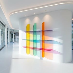 May include: A modern interior hallway with a white floor and walls. A series of colorful, transparent shelves are mounted on a white wall. The shelves are in shades of yellow, green, orange, and purple. Large windows line the hallway.