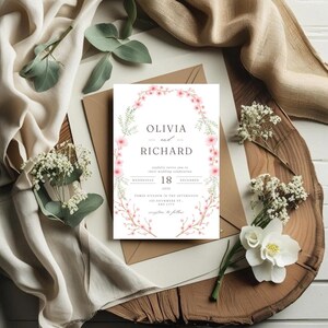 Cherry Blossom Wedding Invitation Template Editable in Canva | Eucalyptus Watercolor Floral Invite | Printable DIY Hochzeitseinladung | Inst