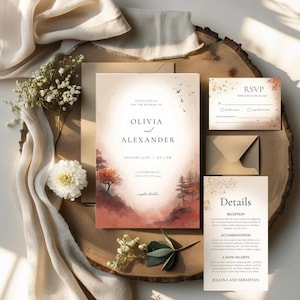 Könnte beinhalten: Hochzeitseinladungs-Set mit einem Aquarell-Landschaftsdesign, einschließlich Einladung, RSVP-Karte, Detailkarte und Umschlag. Die Einladung zeigt die Namen Olivia und Alexander und das Datum "20. August um 16 Uhr". Die Farbpalette ist warm, mit Orange-, Braun- und Beigetönen.