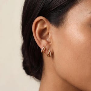 18K Gold Filled CZ Huggie Hoop Earrings, Double Layer Dainty Hoops, Sparkle Minimalist Jewelry, Everyday Ear Stack Style
