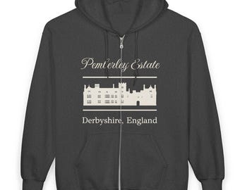 Pemberley Estate Zip Up Hoodie, Jane Austen Pride and Prejudice Hoodie, Derbyshire England Full Zip, Book Lover Gift, Unisex Hoodie