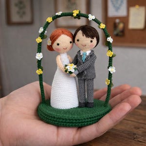 May include: Crocheted wedding cake topper featuring a bride and groom under a green arch decorated with yellow and white flowers. The bride wears a white dress and holds a bouquet. The groom is in a gray suit with a blue tie. The base is green.