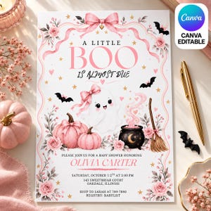 May include: A baby shower invitation card featuring a white background with pink floral borders, a pink bow, and a ghost illustration. The text reads A LITTLE BOO IS ALMOST DUE, PLEASE JOIN US FOR A BABY SHOWER HONORING OLIVIA CARTER, and event details.