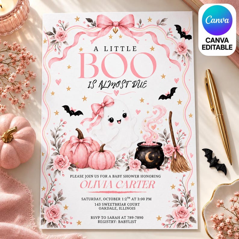 May include: A baby shower invitation card featuring a white background with pink floral borders, a pink bow, and a ghost illustration. The text reads A LITTLE BOO IS ALMOST DUE, PLEASE JOIN US FOR A BABY SHOWER HONORING OLIVIA CARTER, and event details.