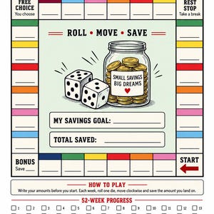 May include: A board game-style savings challenge sheet titled SAVOPOLY THE SAVINGS CHALLENGE. It features a central illustration of two dice and a glass jar filled with gold coins labelled SMALL SAVINGS BIG DREAMS with a red heart icon.