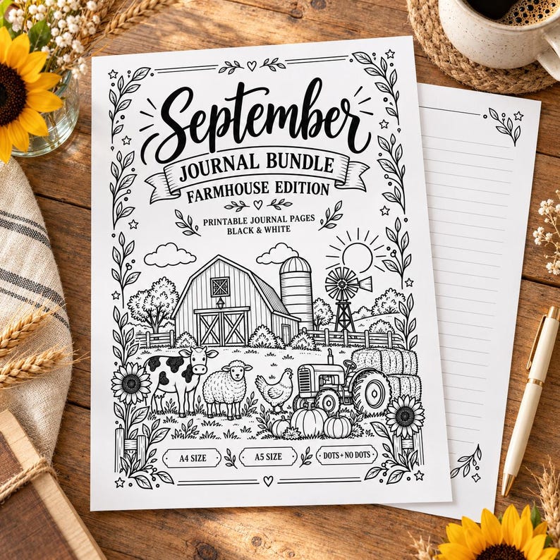May include: A black and white printable journal bundle page titled September Journal Bundle Farmhouse Edition. The design features a barn, silo, windmill, tractor, cow, sheep, chicken, pumpkins, and sunflowers framed by a botanical border.