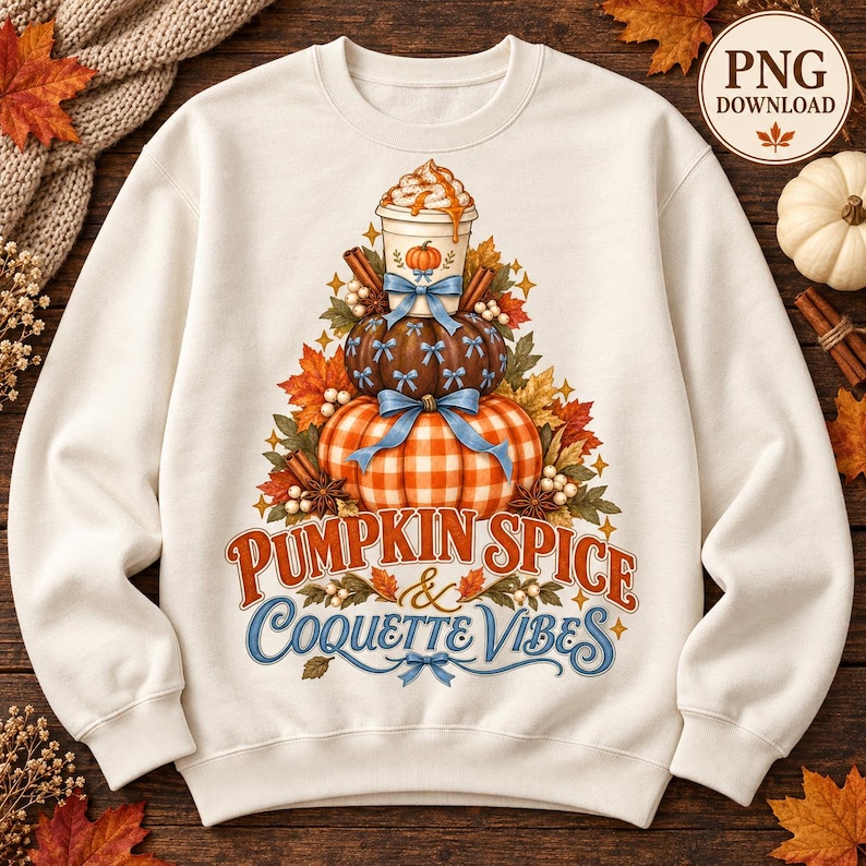 May include: A cream-coloured crewneck sweatshirt featuring a graphic of stacked pumpkins and a coffee cup topped with whipped cream. The design includes blue bows, autumn leaves, cinnamon sticks, and the text PUMPKIN SPICE & COQUETTE VIBES.