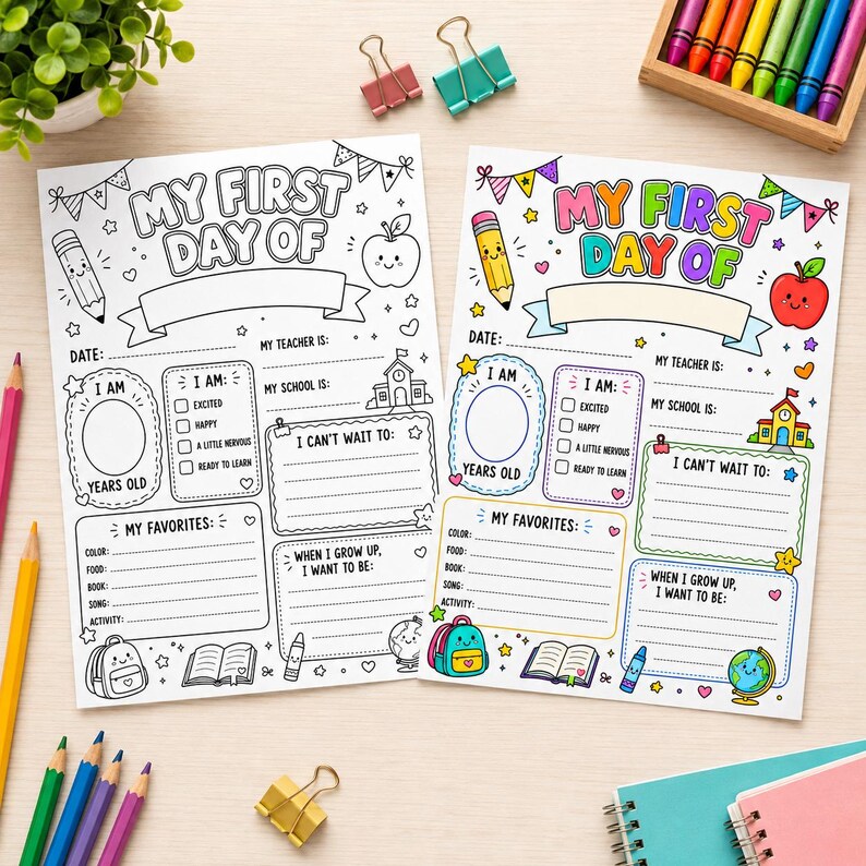 K&ouml;nnte beinhalten: Zwei druckbare Bl&auml;tter mit der &Uuml;berschrift My First Day Of, eines in Schwarz-Wei&szlig; und eines in Farbe. Jedes Blatt enth&auml;lt Abschnitte f&uuml;r Datum, Alter, Lehrer, Schule, Gef&uuml;hle, Favoriten und zuk&uuml;nftige Ziele, verziert mit Stift, Apfel und Schule.