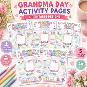 May include: Five printable activity pages for Grandma Day featuring colourful illustrations and fill-in-the-blank sections. The sheets include titles like All About My Grandma, Memaw, Mimi, and Gigi, with prompts for names, birthdays, and favourite things.