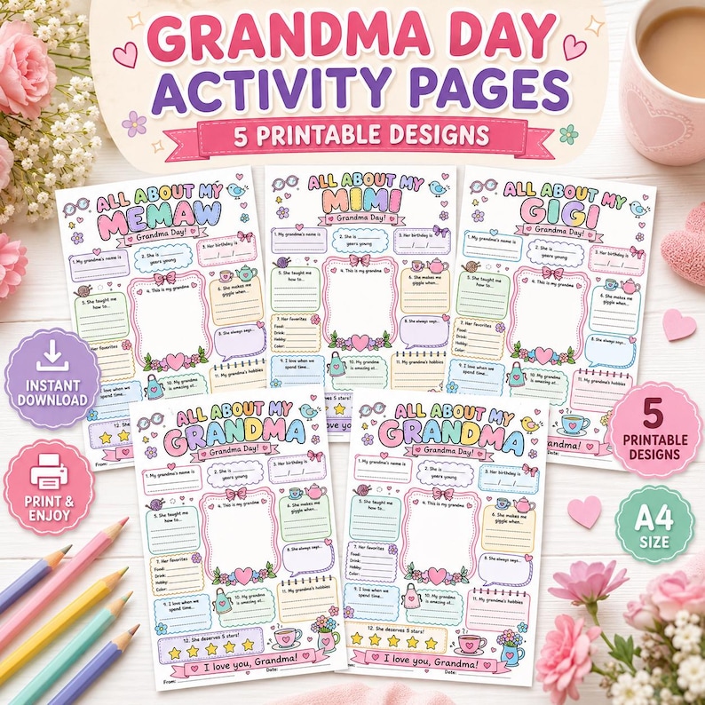 May include: Five printable activity pages for Grandma Day featuring colourful illustrations and fill-in-the-blank sections. The sheets include titles like All About My Grandma, Memaw, Mimi, and Gigi, with prompts for names, birthdays, and favourite things.