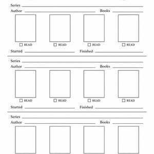 May include: A black and white printable Book Series Tracker page featuring floral illustrations, stacks of books, and three sections for tracking series, authors, and books read. Each section includes four rectangular boxes with checkboxes labelled READ.