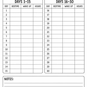 Op de afbeelding: Een zwart-wit printbaar slaaptrackerblad met de titel SLEEP TRACKER bovenaan. Het bevat twee hoofdtabellen met het label DAYS 1-15 en DAYS 16-30, elk met kolommen voor DAY, BEDTIME, WAKE UP en HOURS. Onderaan bevindt zich een sectie voor NOTES.