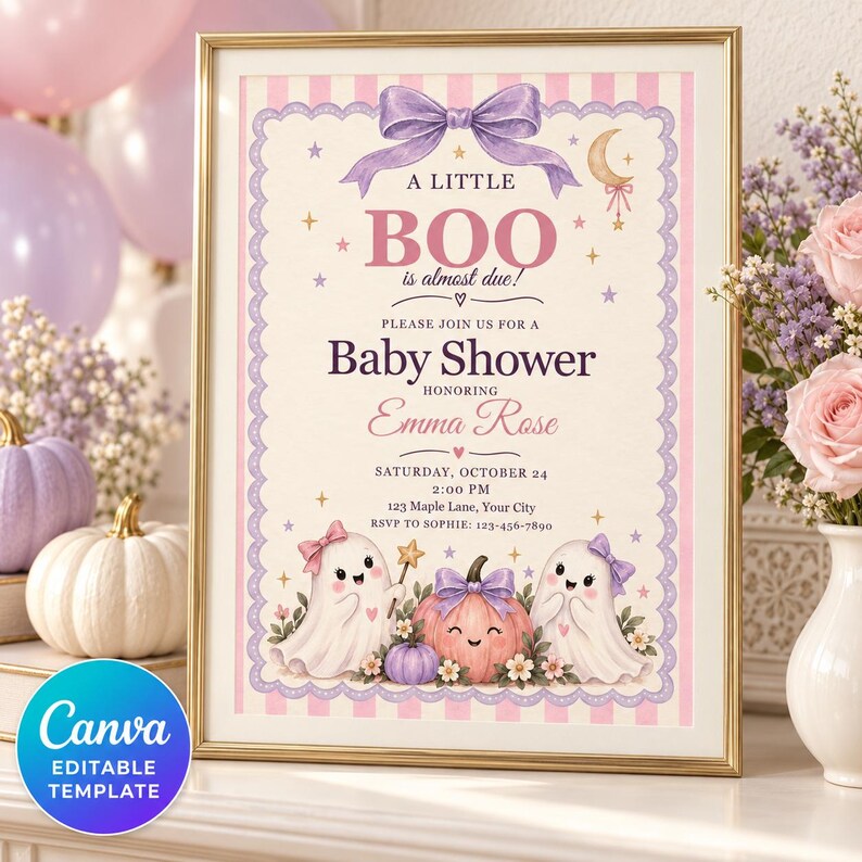 Rosa spöke babyshowerinbjudan, redigerbar Canvas-mall, Halloweeninbjudan bild 3