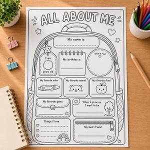 May include: A black and white printable activity sheet titled ALL ABOUT ME shaped like a backpack. It features sections for personal details including name, age, birthday, favourite colour, animal, food, game, future goals, and best friend.