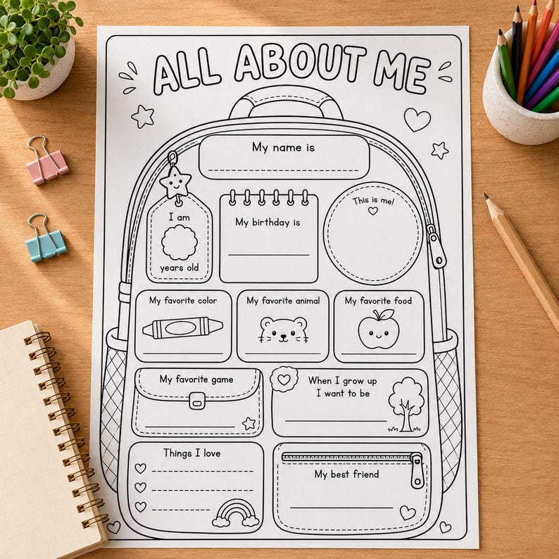 May include: A black and white printable activity sheet titled ALL ABOUT ME shaped like a backpack. It features sections for personal details including name, age, birthday, favourite colour, animal, food, game, future goals, and best friend.