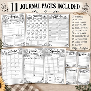 May include: A set of 11 black and white printable journal pages for September featuring a monthly calendar, mood tracker with pumpkins, habit tracker, doodle of the day, sleep tracker, adulting tetris, and lists for movies, shows, and playlists.