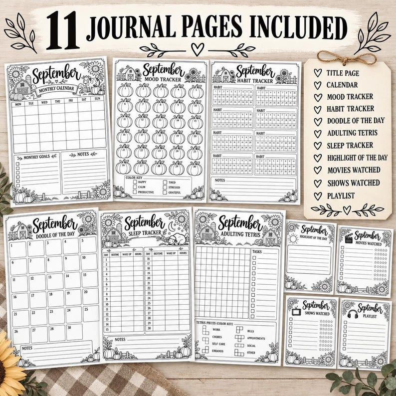 May include: A set of 11 black and white printable journal pages for September featuring a monthly calendar, mood tracker with pumpkins, habit tracker, doodle of the day, sleep tracker, adulting tetris, and lists for movies, shows, and playlists.
