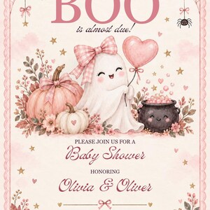 May include: A baby shower invitation card featuring a white ghost with a pink gingham bow, a heart-shaped balloon, pumpkins, and a black cauldron. The text reads: A little BOO is almost due! PLEASE JOIN US FOR A Baby Shower HONORING Olivia & Oliver.