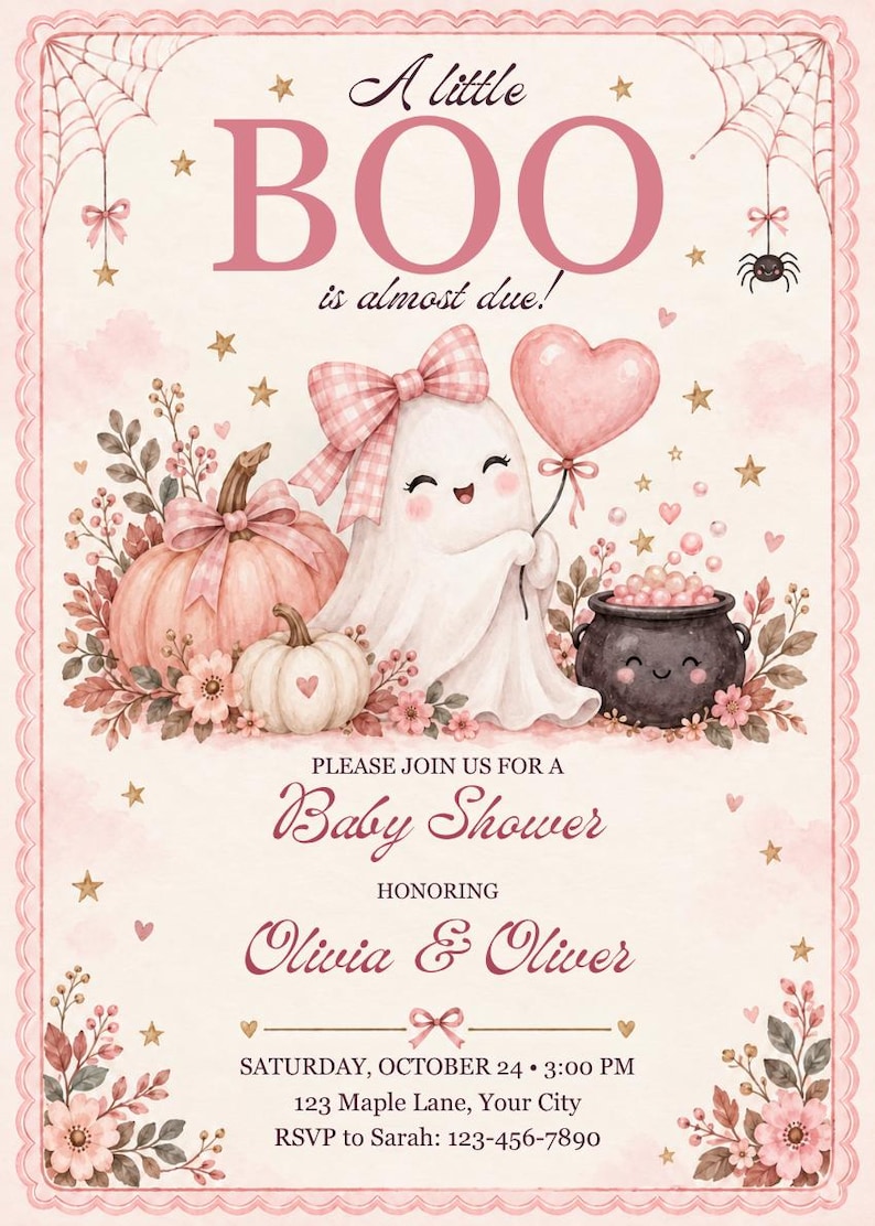 May include: A baby shower invitation card featuring a white ghost with a pink gingham bow, a heart-shaped balloon, pumpkins, and a black cauldron. The text reads: A little BOO is almost due! PLEASE JOIN US FOR A Baby Shower HONORING Olivia & Oliver.