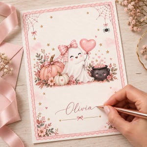 May include: A rectangular card featuring a cartoon ghost wearing a pink plaid bow, holding a heart-shaped balloon, next to pink pumpkins and a black cauldron. The card has a decorative border, spiderwebs, stars, and the name Olivia written in script.