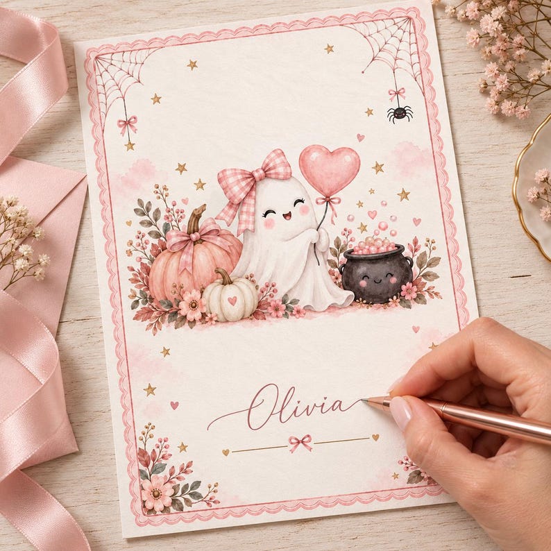 May include: A rectangular card featuring a cartoon ghost wearing a pink plaid bow, holding a heart-shaped balloon, next to pink pumpkins and a black cauldron. The card has a decorative border, spiderwebs, stars, and the name Olivia written in script.