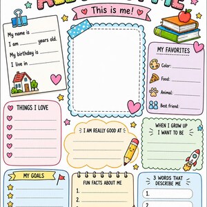 Peut inclure: Une fiche d'activit&eacute; color&eacute;e intitul&eacute;e All About Me avec des sections pour les informations personnelles, les favoris, les objectifs et des faits amusants. Elle est illustr&eacute;e par un soleil, un arc-en-ciel, des livres et un ballon.