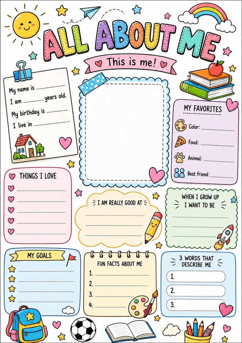 Peut inclure: Une fiche d'activit&eacute; color&eacute;e intitul&eacute;e All About Me avec des sections pour les informations personnelles, les favoris, les objectifs et des faits amusants. Elle est illustr&eacute;e par un soleil, un arc-en-ciel, des livres et un ballon.