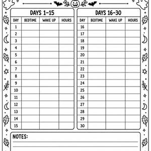 Op de afbeelding: Een zwart-wit printbaar slaaptrackerblad met de tekst SLEEP TRACKER bovenaan. De lay-out bevat twee tabellen voor dagen 1-15 en 16-30 met kolommen voor bedtijd, opstaan en uren, plus een notitiesectie en diverse Halloween-motieven in de randen.