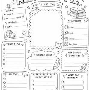 Peut inclure: Une fiche d'activit&eacute; en noir et blanc intitul&eacute;e ALL ABOUT ME avec des sections pour les d&eacute;tails personnels, les favoris, les objectifs et des faits amusants. La page inclut des illustrations d'un soleil, d'un arc-en-ciel, de livres, d'un sac &agrave; dos, d'un ballon de football et de fournitures artistiques.