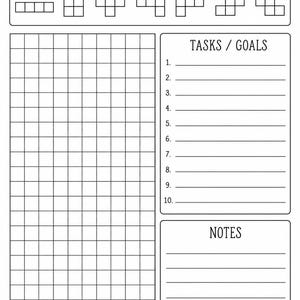 Op de afbeelding: Een zwart-witte printbare plannerpagina met de titel ADULTING TETRIS. Het bevat een bovenste rij met zeven geometrische blokvormen, een groot raster voor bijhouding, een genummerde lijst TASKS / GOALS en een sectie met lijnen genaamd NOTES.