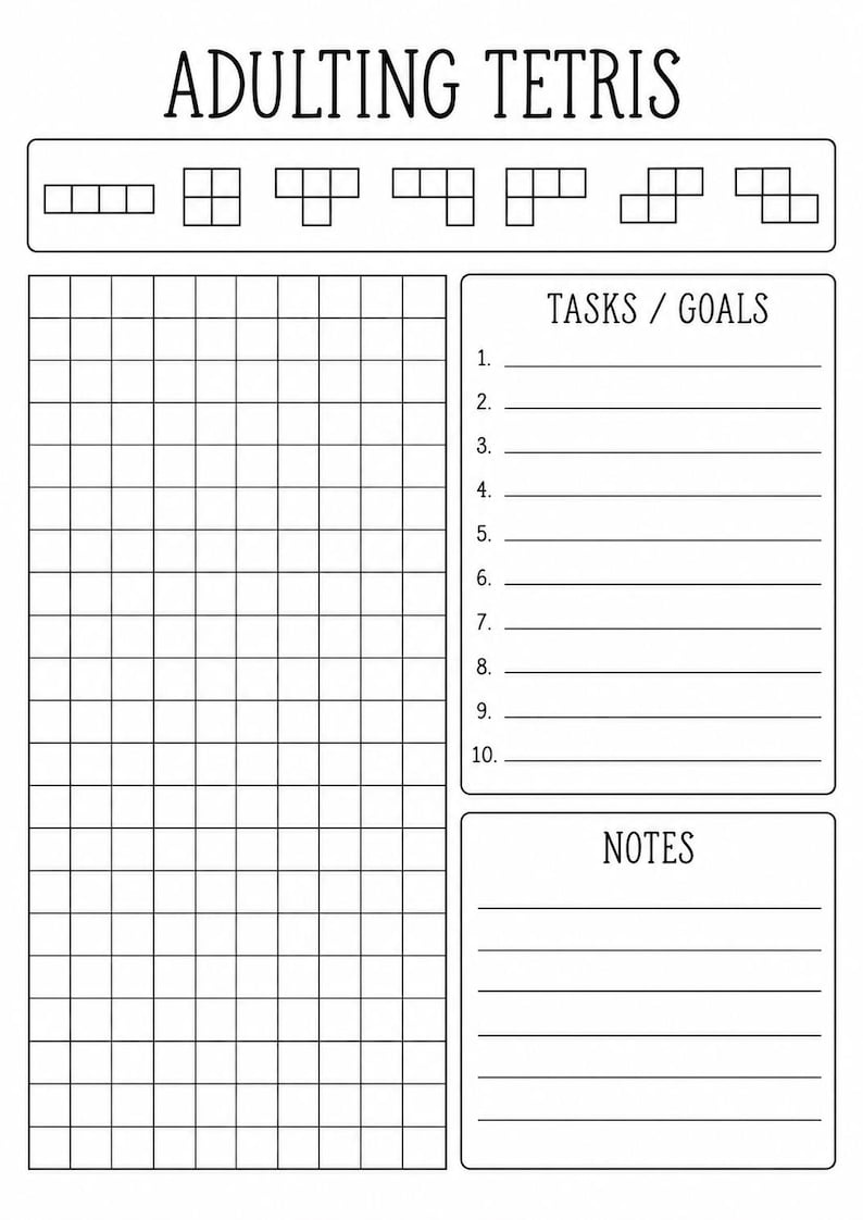 Op de afbeelding: Een zwart-witte printbare plannerpagina met de titel ADULTING TETRIS. Het bevat een bovenste rij met zeven geometrische blokvormen, een groot raster voor bijhouding, een genummerde lijst TASKS / GOALS en een sectie met lijnen genaamd NOTES.