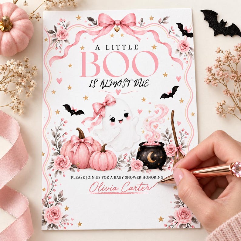 May include: A rectangular baby shower invitation card featuring a white background with pink floral borders, a central ghost illustration with a pink bow, two pink pumpkins, a black cauldron with pink smoke, bats, stars, and the text A LITTLE BOO IS ALMOST DUE.