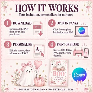 May include: An instructional graphic titled HOW IT WORKS with four steps for a digital invitation. It features a pink color scheme, a ghost illustration with a heart balloon and pumpkin, and the text DIGITAL DOWNLOAD NO PHYSICAL ITEM.