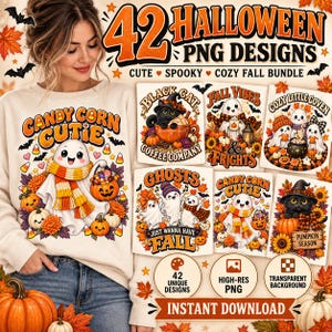 Puede incluir: Una colecci&oacute;n digital de 42 dise&ntilde;os PNG de Halloween con fantasmas, gatos negros, calabazas y hojas de oto&ntilde;o. Los gr&aacute;ficos incluyen textos como Candy Corn Cutie, Black Cat Coffee Company, Fall Vibes & Frights y Cozy Little Coven.