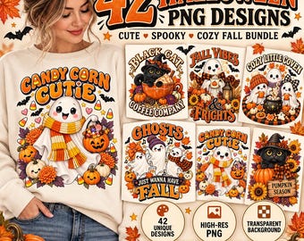 42 Halloween PNG Bundle, Ghosts, Pumpkins, Spooky Fall Designs (Digital Download)