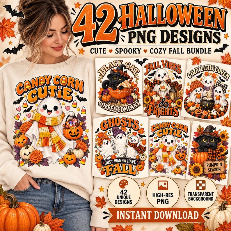 Puede incluir: Una colecci&oacute;n digital de 42 dise&ntilde;os PNG de Halloween con fantasmas, gatos negros, calabazas y hojas de oto&ntilde;o. Los gr&aacute;ficos incluyen textos como Candy Corn Cutie, Black Cat Coffee Company, Fall Vibes & Frights y Cozy Little Coven.